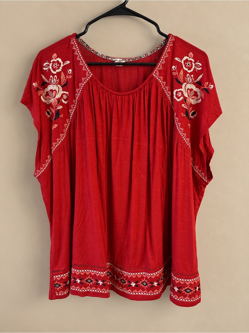 Westbound Red Embroidered Flutter Sleeve Tunic Top